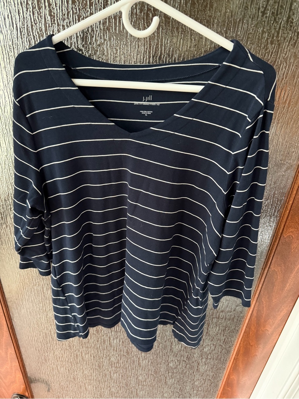 J. Jill Navy and White Striped V-Neck Long-Sleeve Top XL